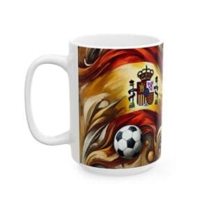 Spanish flag and soccer ball on mug.