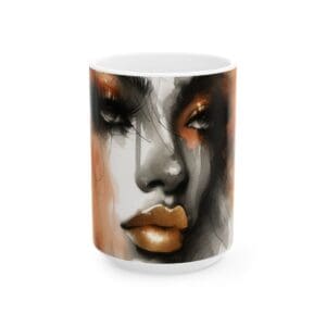 Stylized face art on white ceramic mug.