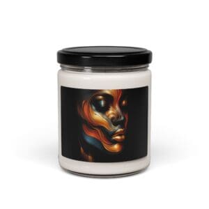 Glass jar with abstract face illustration label.