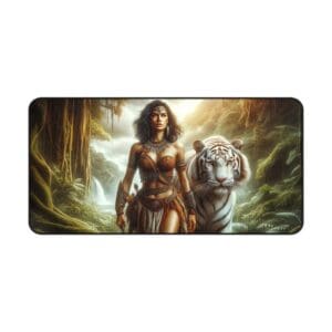 Woman and white tiger in jungle setting.