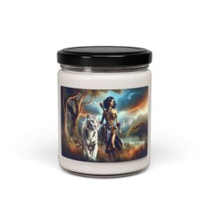 Candle jar featuring warrior and white tiger.