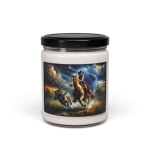 Candle with cowboy and stormy sky illustration.