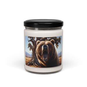 Candle jar with roaring bear illustration.