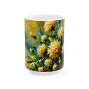 Colorful abstract floral design on ceramic mug.