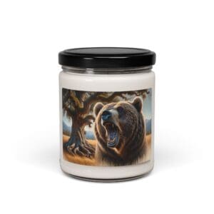 Candle jar with roaring bear illustration.
