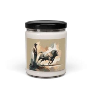 Candle jar featuring bull and cowboy illustration.