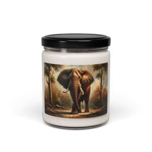 Candle jar with elephant artwork label.