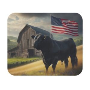 Bull and barn with American flag.