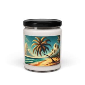 Candle jar with tropical beach scene label.