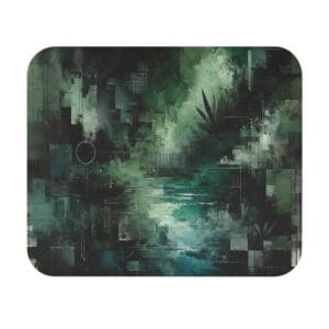 Abstract green geometric and foliage artwork.