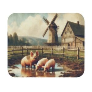 Pigs in mud near windmill and barn.