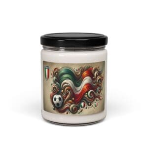 Italian-themed candle jar with soccer design.