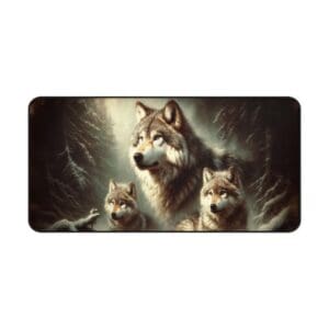 Wolves in a snowy forest scene.
