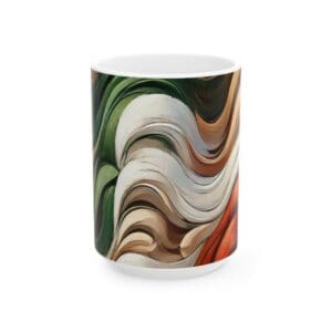 Colorful abstract design on ceramic mug.