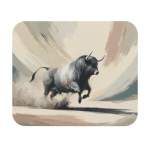 Charging bull in dynamic abstract background.