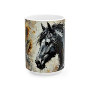 Horse and sunflower painting on mug.