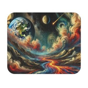 Abstract cosmic scene with planets and clouds.