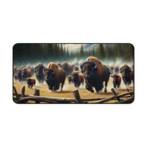 Bison herd running through a grassy field.