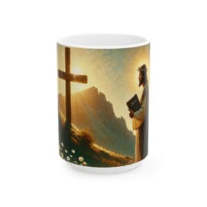 Jesus holding book, standing by cross.