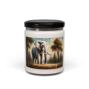 Candle jar with elephant artwork label.