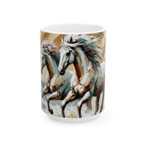 Mug featuring running horses in artistic style.