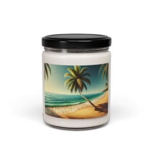Jar candle with tropical beach scene label.