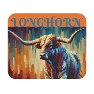 Colorful longhorn painting with bold text.