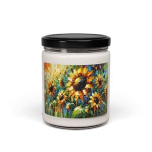 Candle jar with sunflower artwork design.