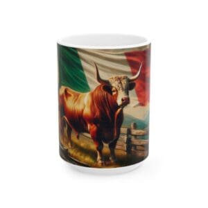 Bull with Italian flag on mug.