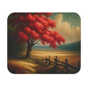 Red tree by a wooden fence landscape.