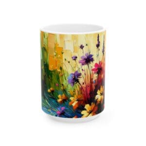 Colorful mug with vibrant floral design.