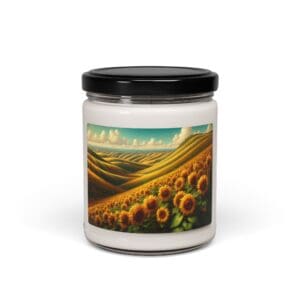Candle jar with sunflower field design.