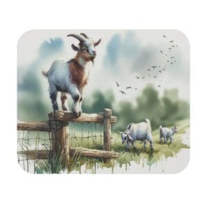 Goat standing on fence in countryside scene.
