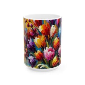 Colorful floral design on a white mug.