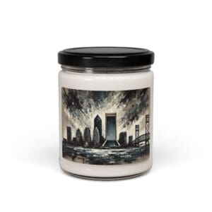 Candle with cityscape label and black lid.