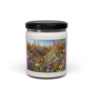 Candle with colorful floral label design.