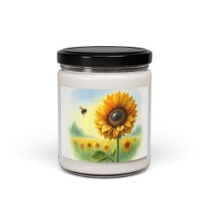 Candle jar with sunflower and bee illustration.