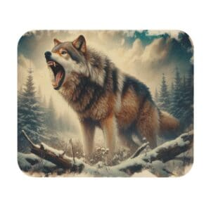 Wolf howling in snowy forest scene.