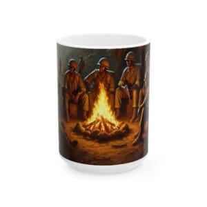Soldiers sitting around a campfire on mug.