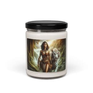 Candle jar with fantasy woman and tiger.