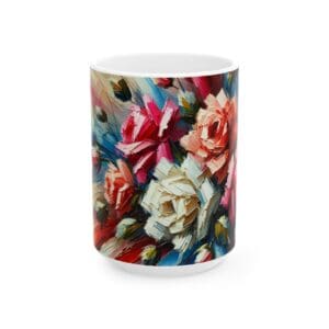 Floral-themed mug with abstract rose design.