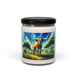 Candle jar with colorful longhorn illustration.