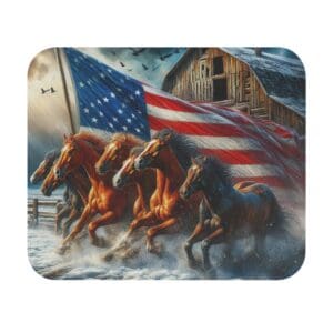 Horses galloping with American flag backdrop.