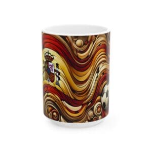 Spain-themed mug with wavy abstract design.