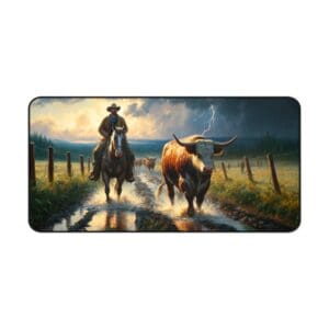 Cowboy herding cattle during a storm.