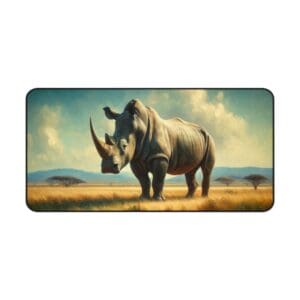 Rhino standing in an open grassy field.