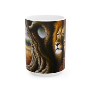 Lion artwork on a white ceramic mug.