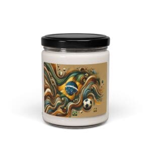 Candle jar with Brazil-themed soccer design.