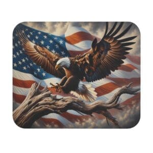 Eagle landing with American flag background.