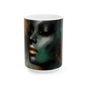 Artistic face design on white ceramic mug.